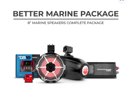 DS18 Better Marine Stereo Package 2 x 8” Speaker Tower | 1 x 2 Ch Amplifier | 1 x MOFCKIT8 and 1 x LED-BTC