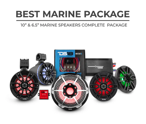 DS18 Best Marine Stereo Subwoofer Package 1 x 10” Subwoofer | 2 x 6.5” Speaker Tower | 2 x 6.5” Marine Speaker | 1 x 5 Ch Amplifier | 1 x MOFCKIT4 and 1 x LED-BTC